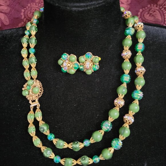 Vintage Rhinestone & Beaded Double Strand Necklace Set - Picture 6 of 8
